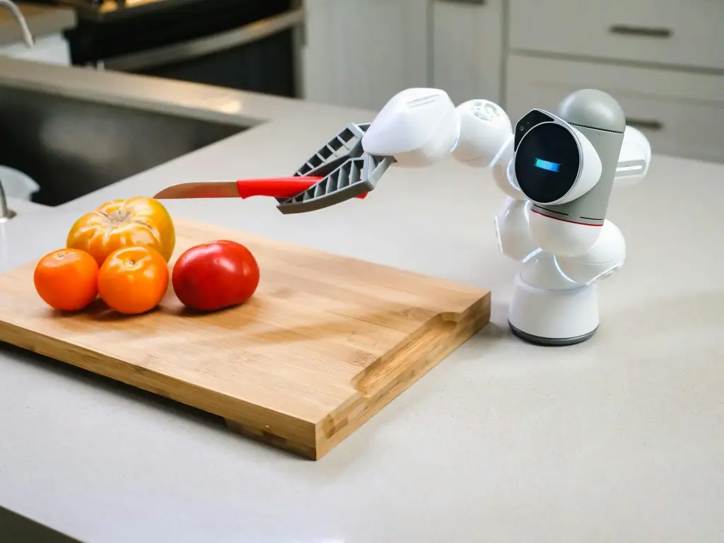 A humanoid robot uses modern technology to slice tomatoes on a wooden chopping board.